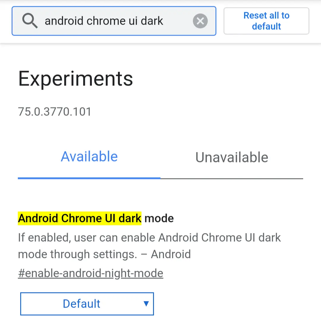 ページ内の検索窓に「android chrome ui dark mode」と入力する